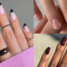 Collage of three minimalist Halloween manicures: black cat-eye French tips, tiny white ghosts on nude nails and glossy oxblood.